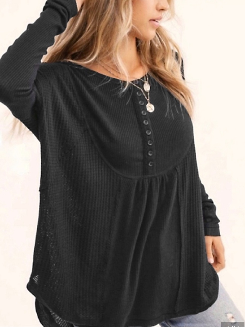 FREE PEOPLE - Leo Henley Waffle Oversized Black Long Sleeve boho Top size XL